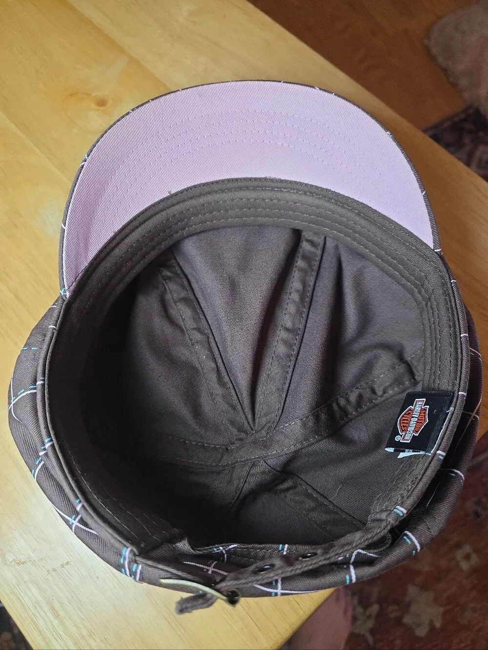 Vintage Harley-Davidson Brown Pink Plaid Cabbie Hat Newsboy Cap Women  EUC